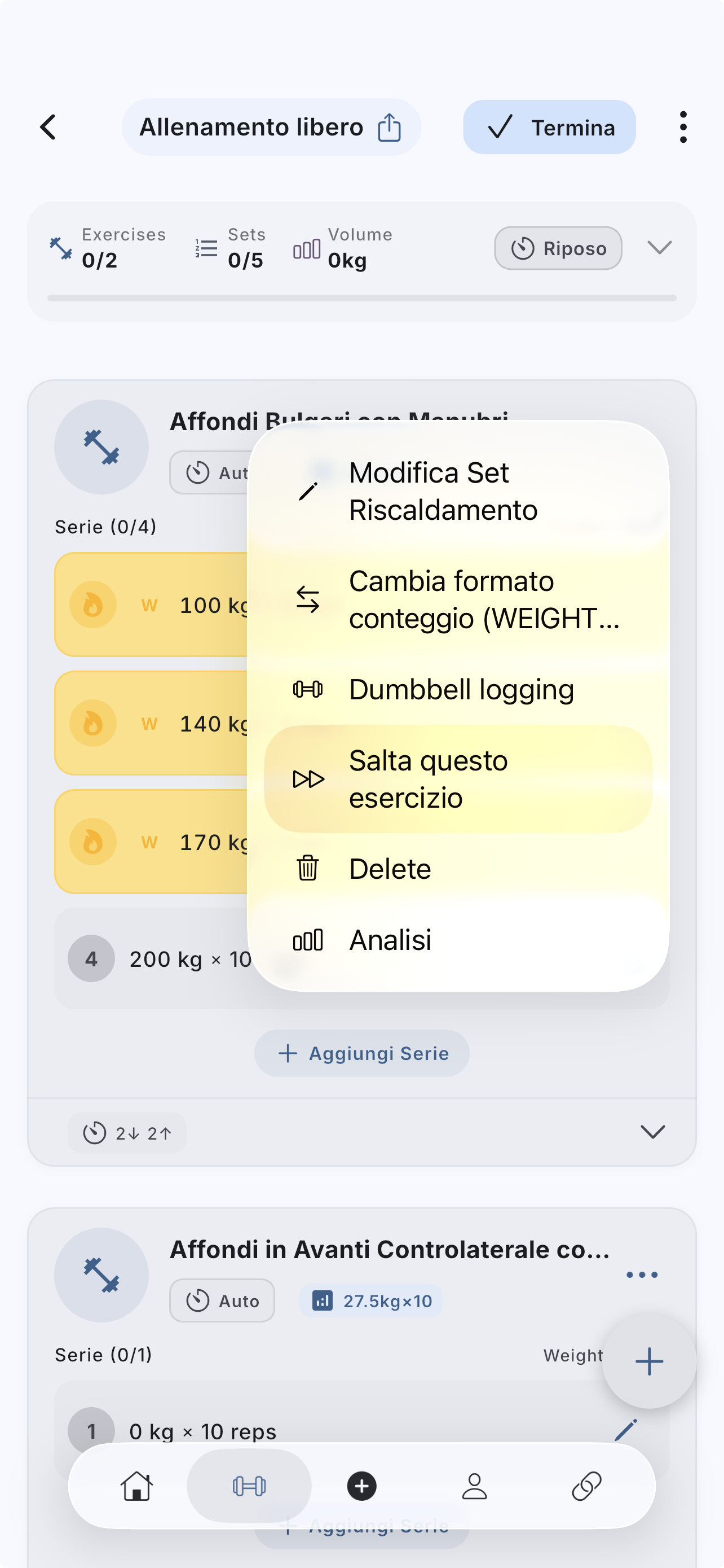 Action to skip an exercise from the card menu