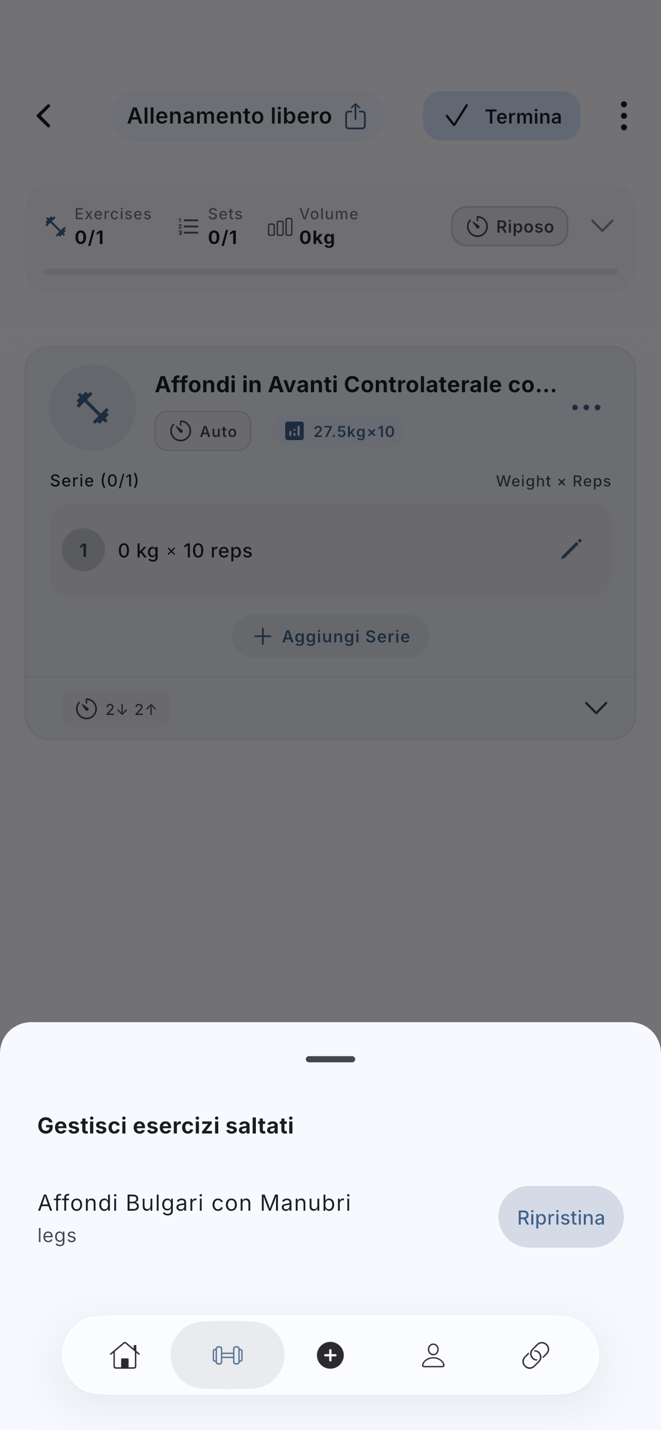 List of skipped exercises in the session